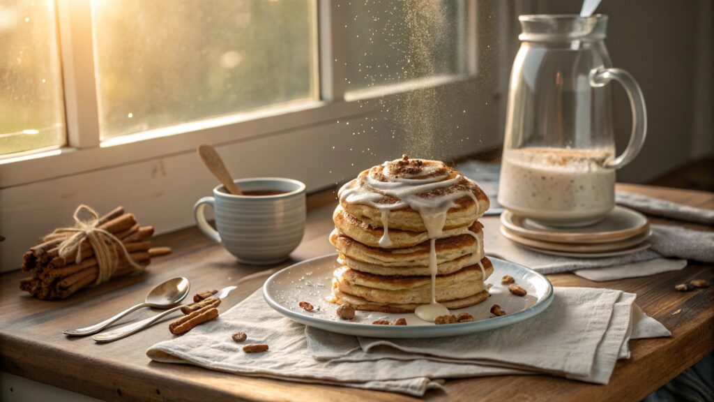 Stack of cinnamon roll pancakes with icing in a sunlit kitchen scene