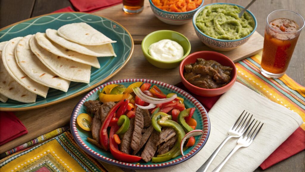 Fajita Asada served family-style with sides like guacamole and salsa.
