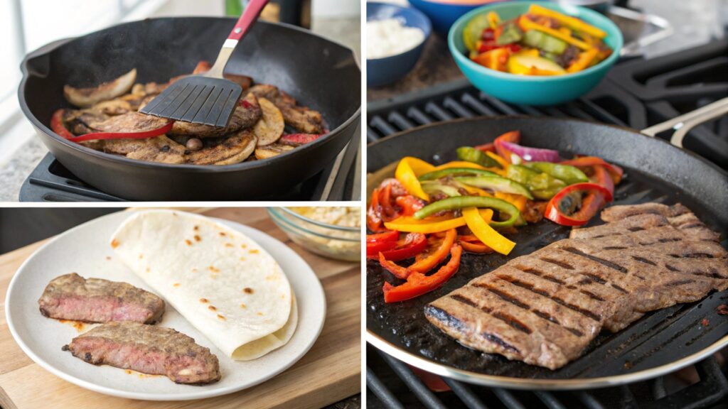 Step-by-step visuals of preparing Fajita Asada from grill to plate.
