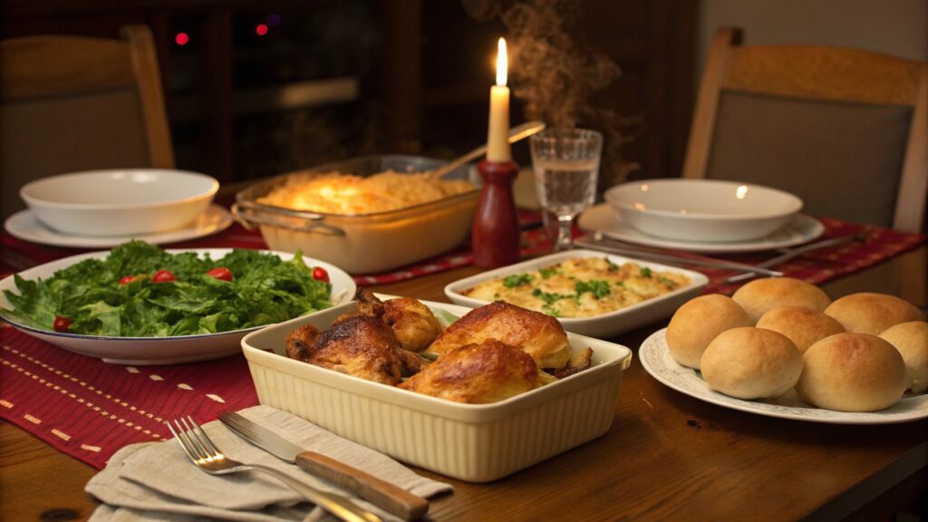 Chicken and Potato Bake served with salad and rolls at a dinner table.