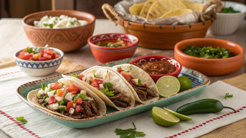 Rustic table with barbacoa tacos and colorful bowls of traditional toppings like pico de gallo and queso fresco.