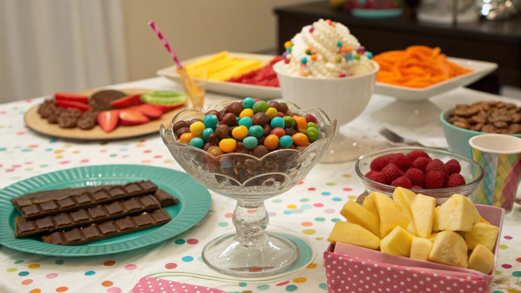 Chocolate mix candy served in bowls and as ice cream topping on a party table.