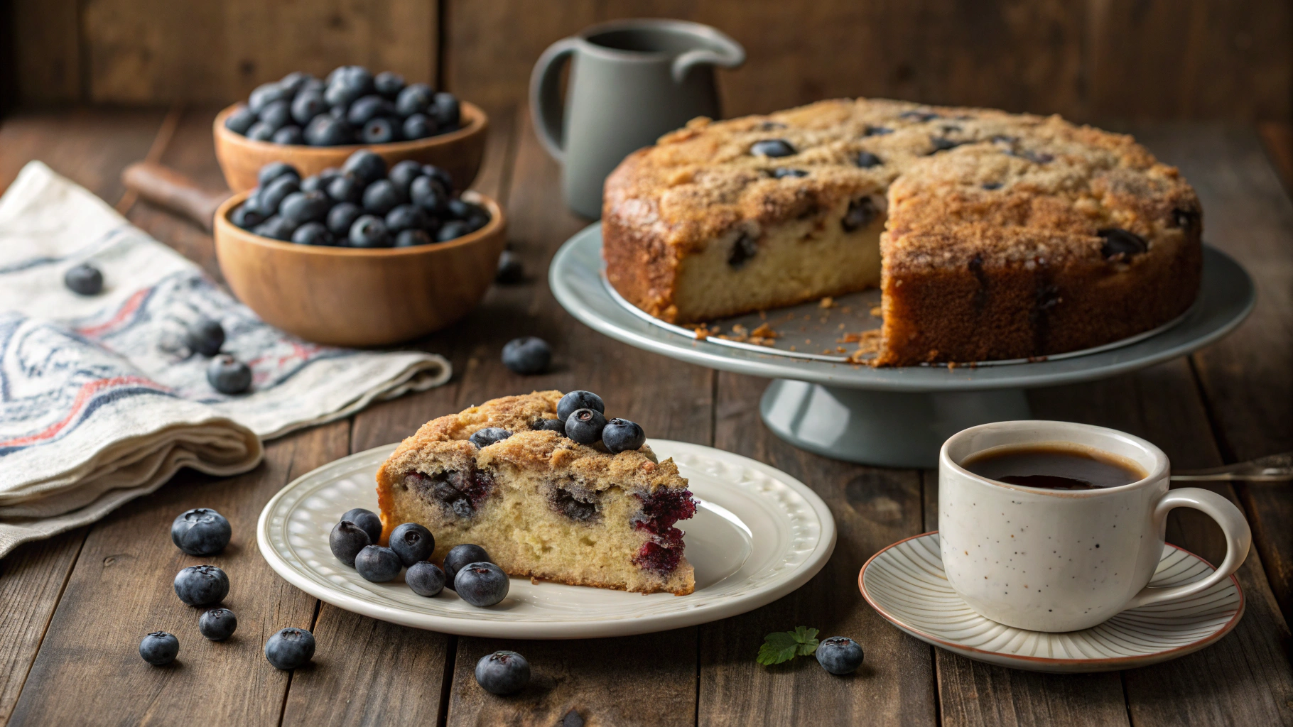 Whole blueberry coffee cake with slices served and coffee mug in a warm morning setting.