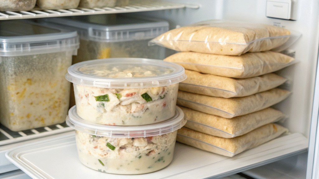 Stored Creamy Ranch Chicken in containers for fridge and freezer with reheating tips.