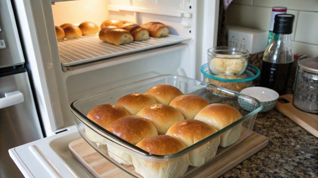 Baked ham and cheese rolls being stored in foil, plastic wrap, and containers in fridge and freezer.