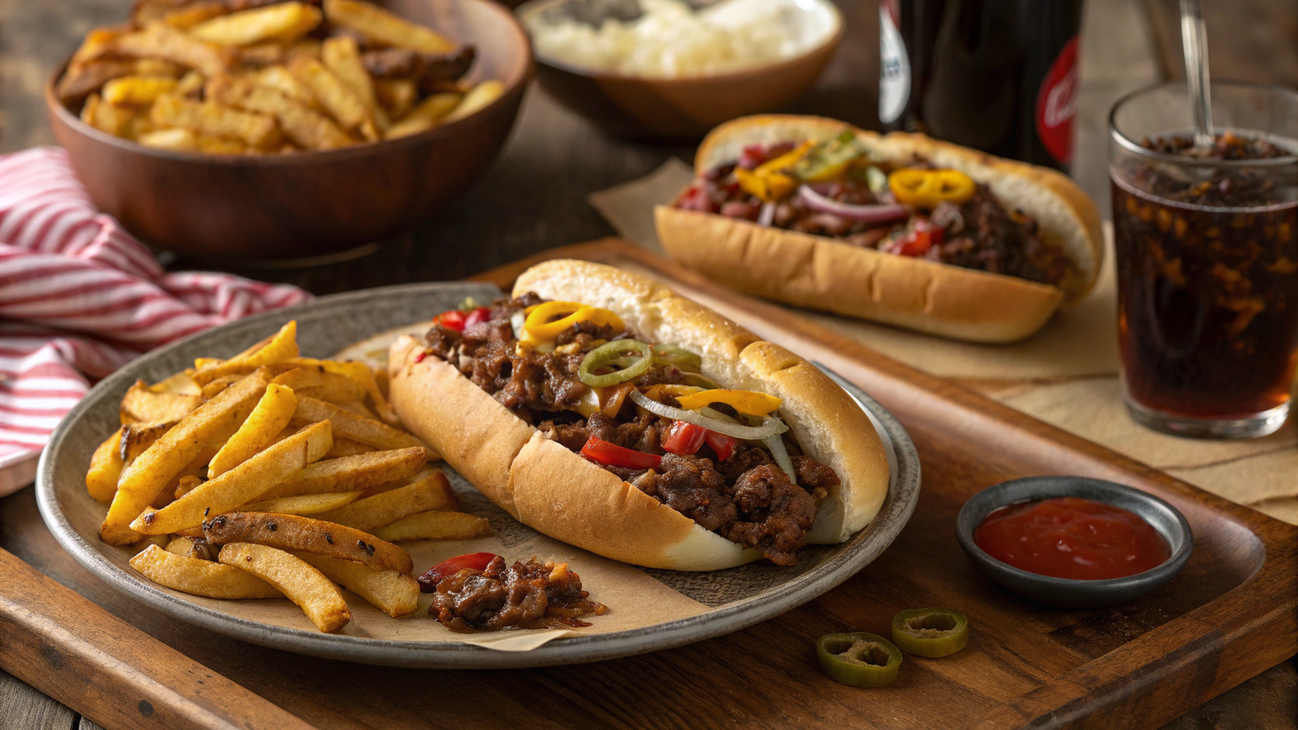Cheesy Philly Cheesesteak Sloppy Joes on buns with fries and a cold soda on a cozy table.
