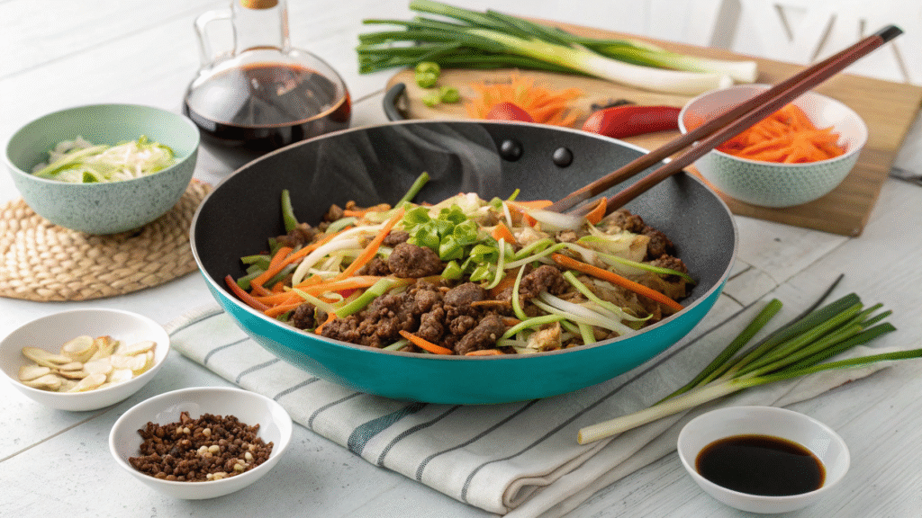 A sizzling skillet of beef and cabbage stir fry with colorful vegetables and fresh aromatics on a kitchen counter.