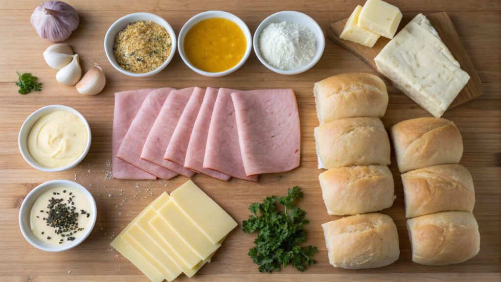 Flat lay of ham, cheese, dinner rolls, butter, mustard, and spices arranged on a wooden surface.