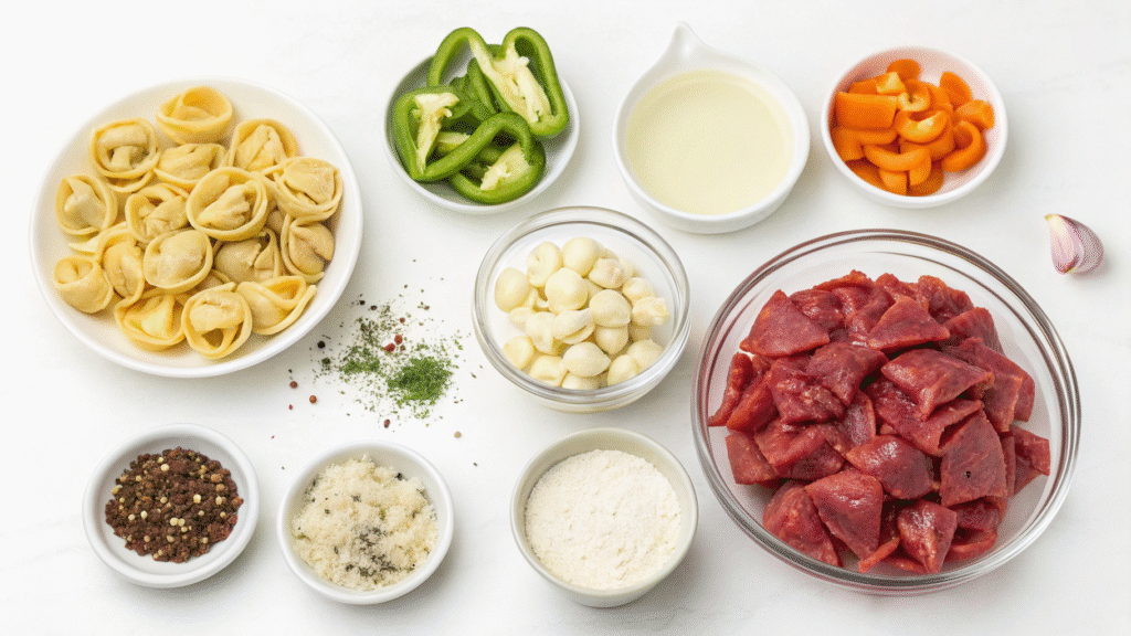 Flat lay of raw ingredients for Cheesesteak Tortellini including beef, tortellini, peppers, onions, cheese, and seasonings.