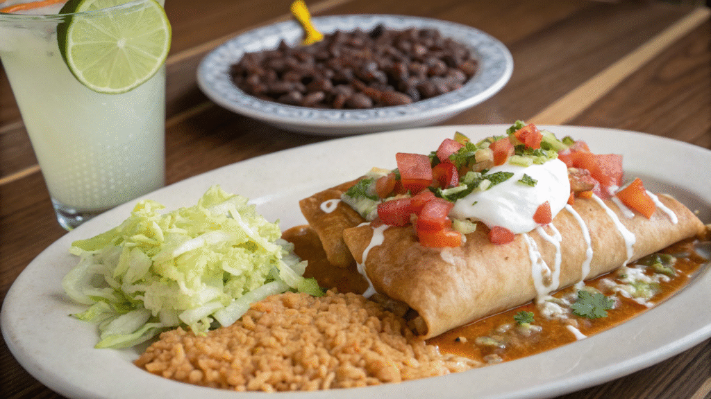 Chimichanga plated with lettuce, tomato, sour cream, rice, beans, and a lime drink.