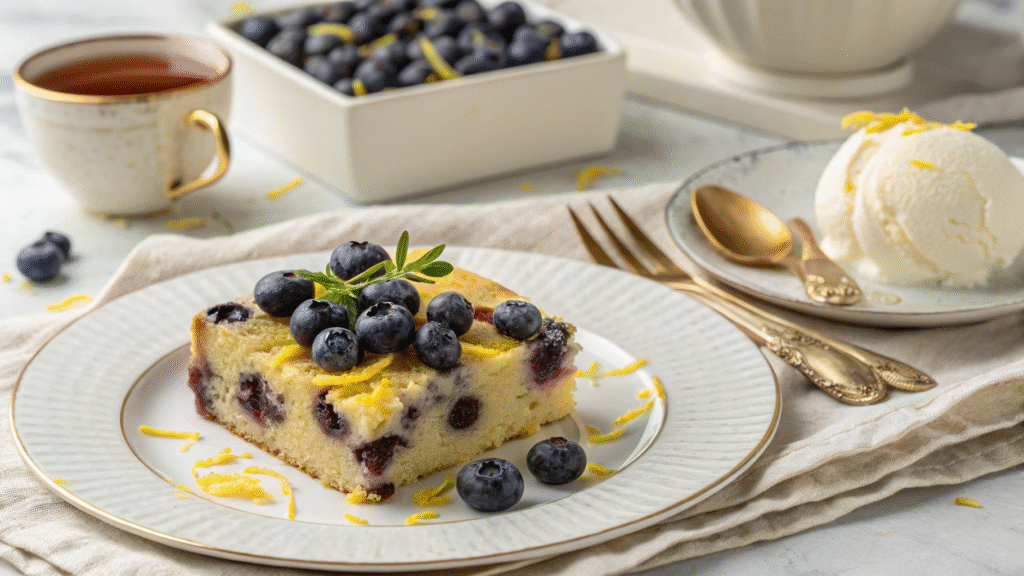 Slice of blueberry cake with ice cream and tea, elegantly served on a white plate.