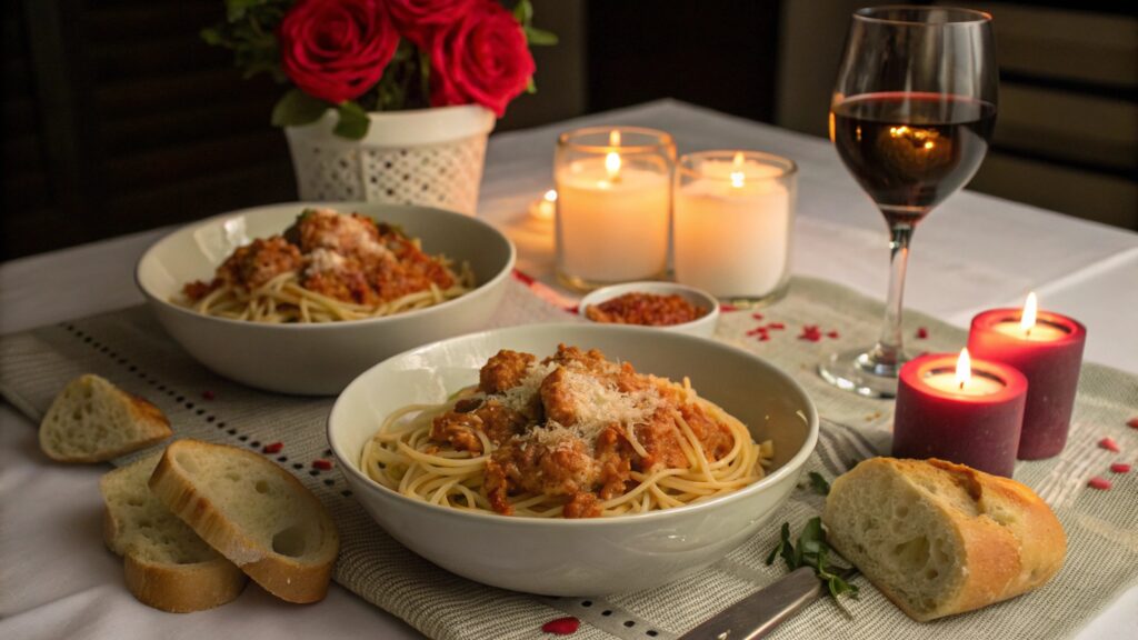 Marry Me Chicken Pasta served on a romantic table with bread and wine.