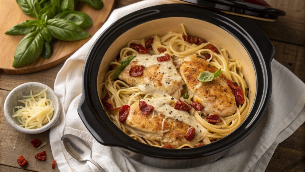 Creamy Marry Me Chicken Pasta in a crockpot with sun-dried tomatoes and herbs.