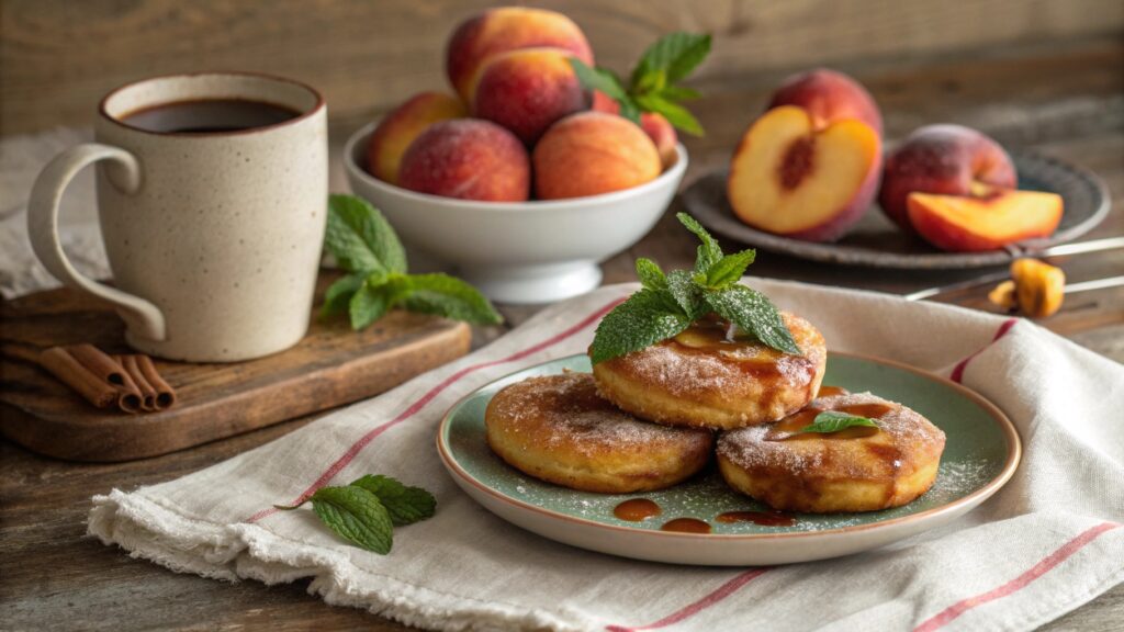 Peach fritters served on a breakfast table with coffee and fresh peaches.