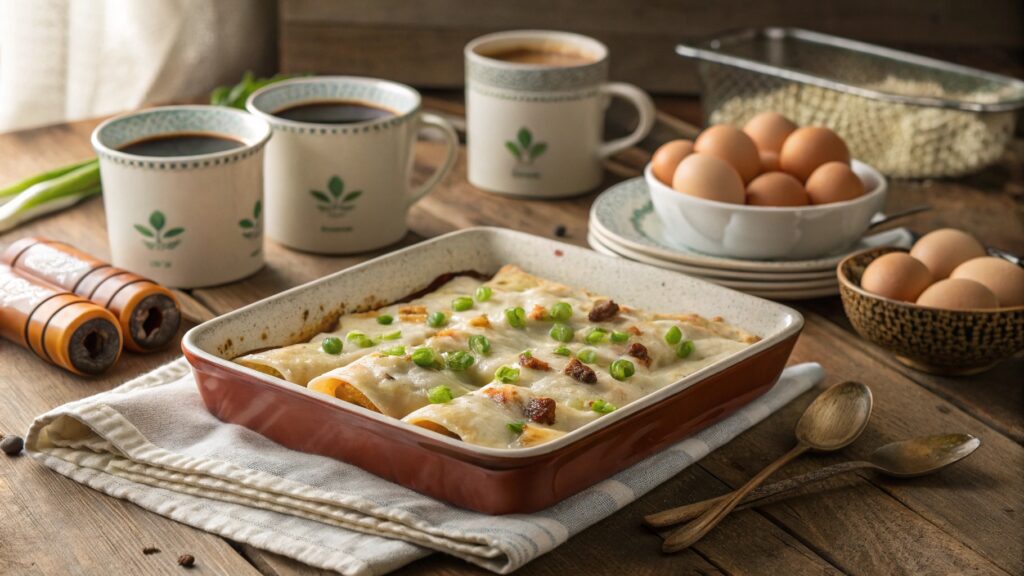 A warm breakfast table featuring a baking dish of enchiladas with sausage gravy and green onion garnish.