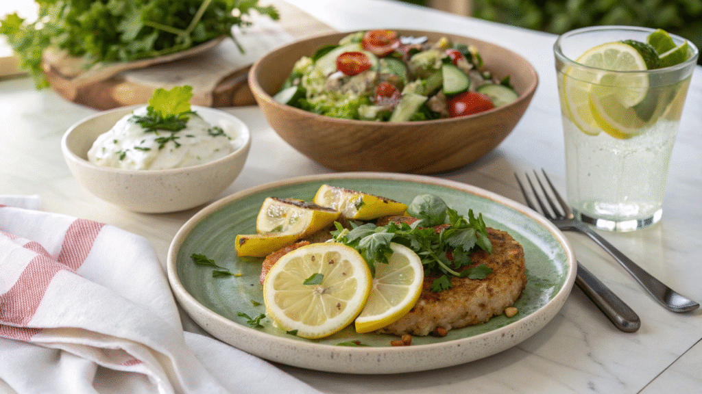 Healthy Mounjaro-friendly meal served with lemon water and salad.
