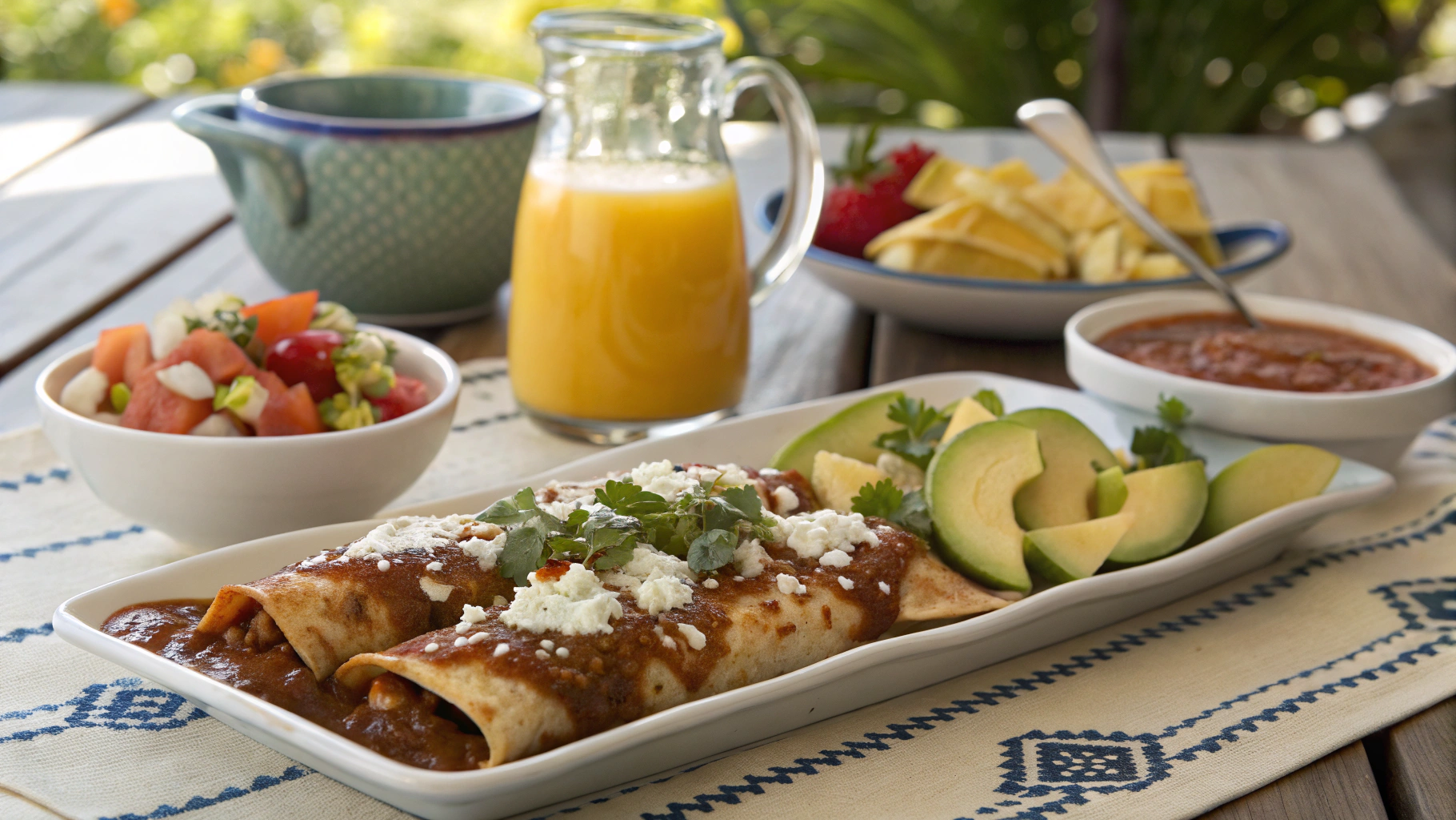 Plated enchiladas with gravy, avocado, and fruit salad on a brunch table with juice and hot sauce.