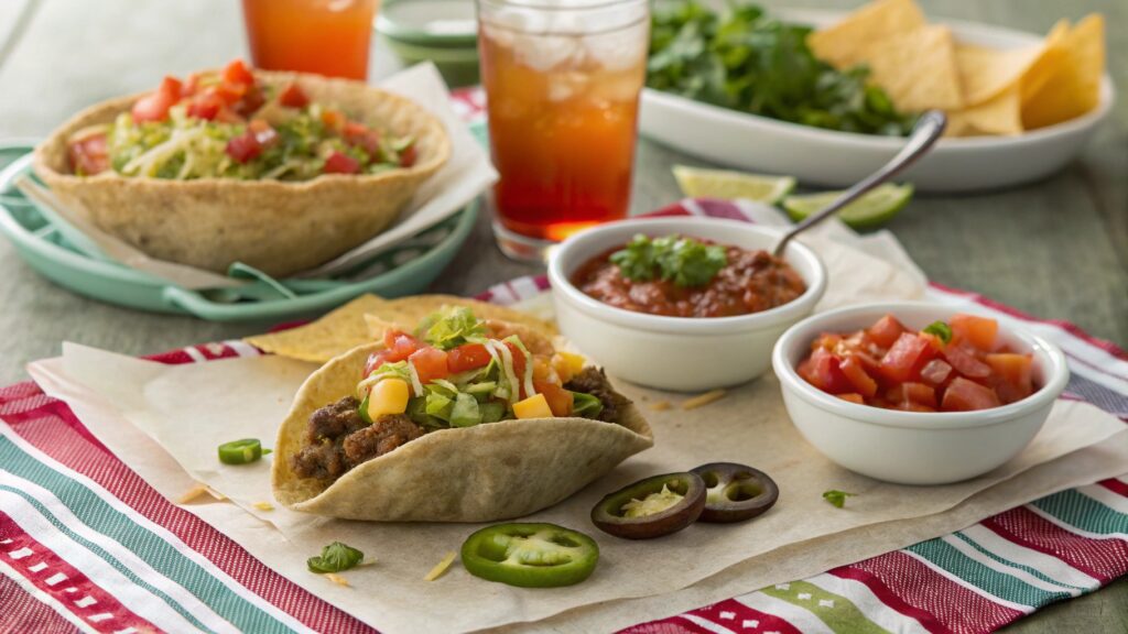 Potato Taco Bowls served with extra toppings on a dinner table.