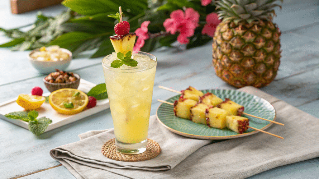 Pineapple lemon drink served with fruit skewers and mint on a summer table.