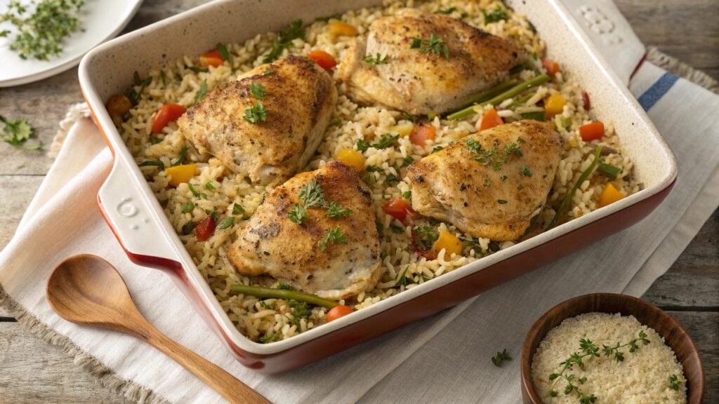 One-Pan Chicken and Rice Bake with golden chicken and fluffy rice in a baking dish.
