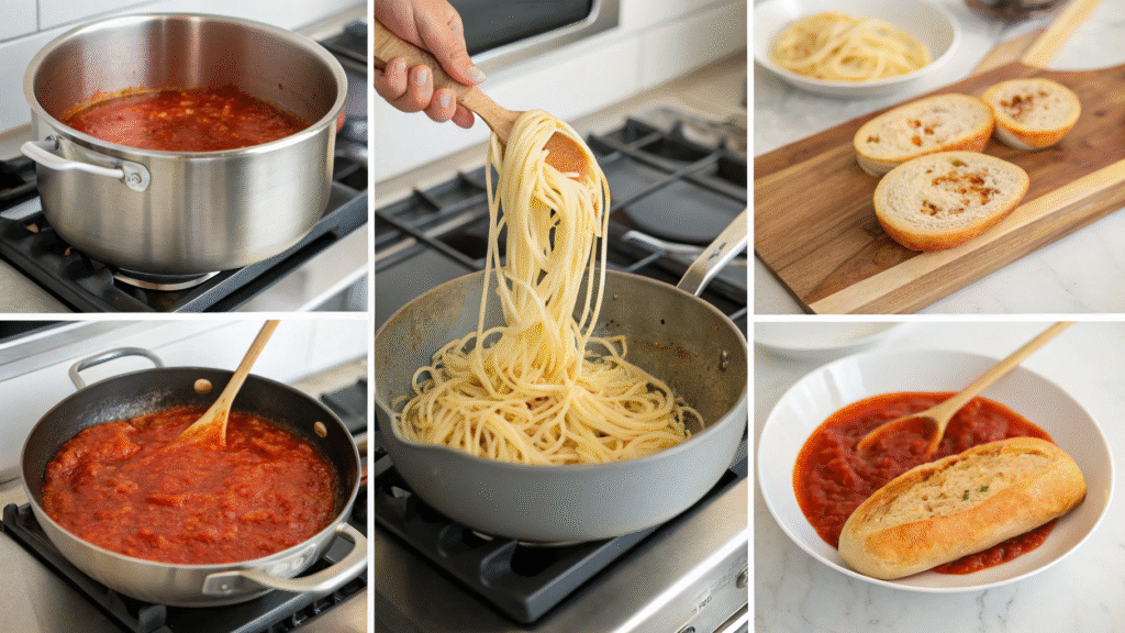 Visual collage showing the steps to make spaghetti garlic bread bowls.