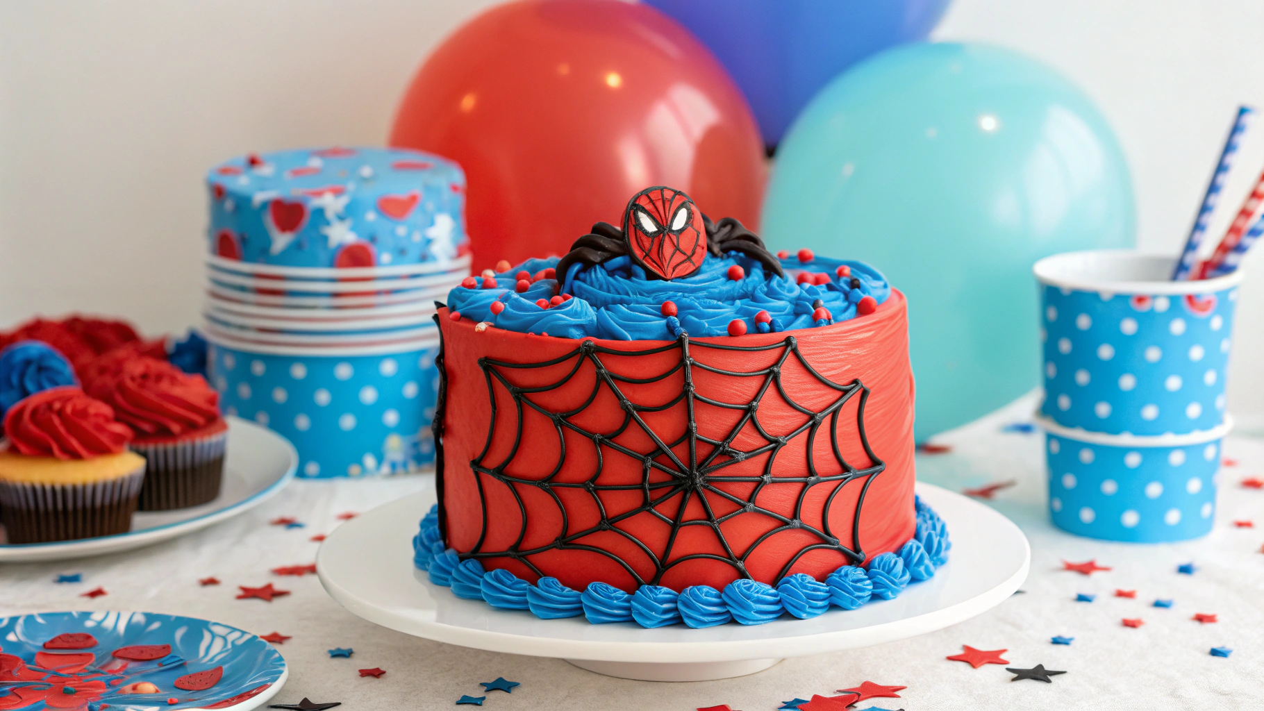 Spiderman-themed birthday cake with web design and red-blue decorations on a party table.