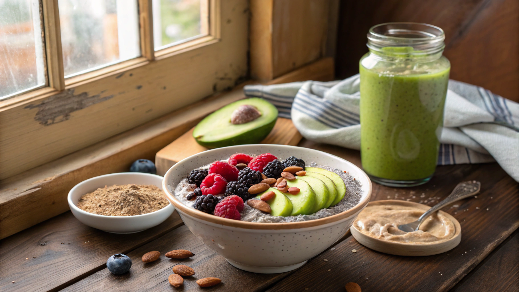 Chia pudding with berries, avocado slices, and nut butter on a breakfast table with a green smoothie.