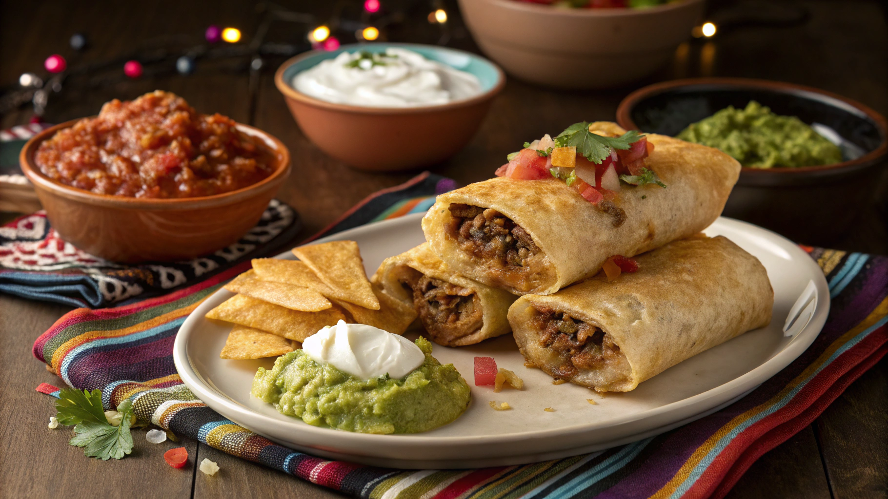 Crispy chimichangas on a plate with salsa, guacamole, and sour cream on a festive dinner table.