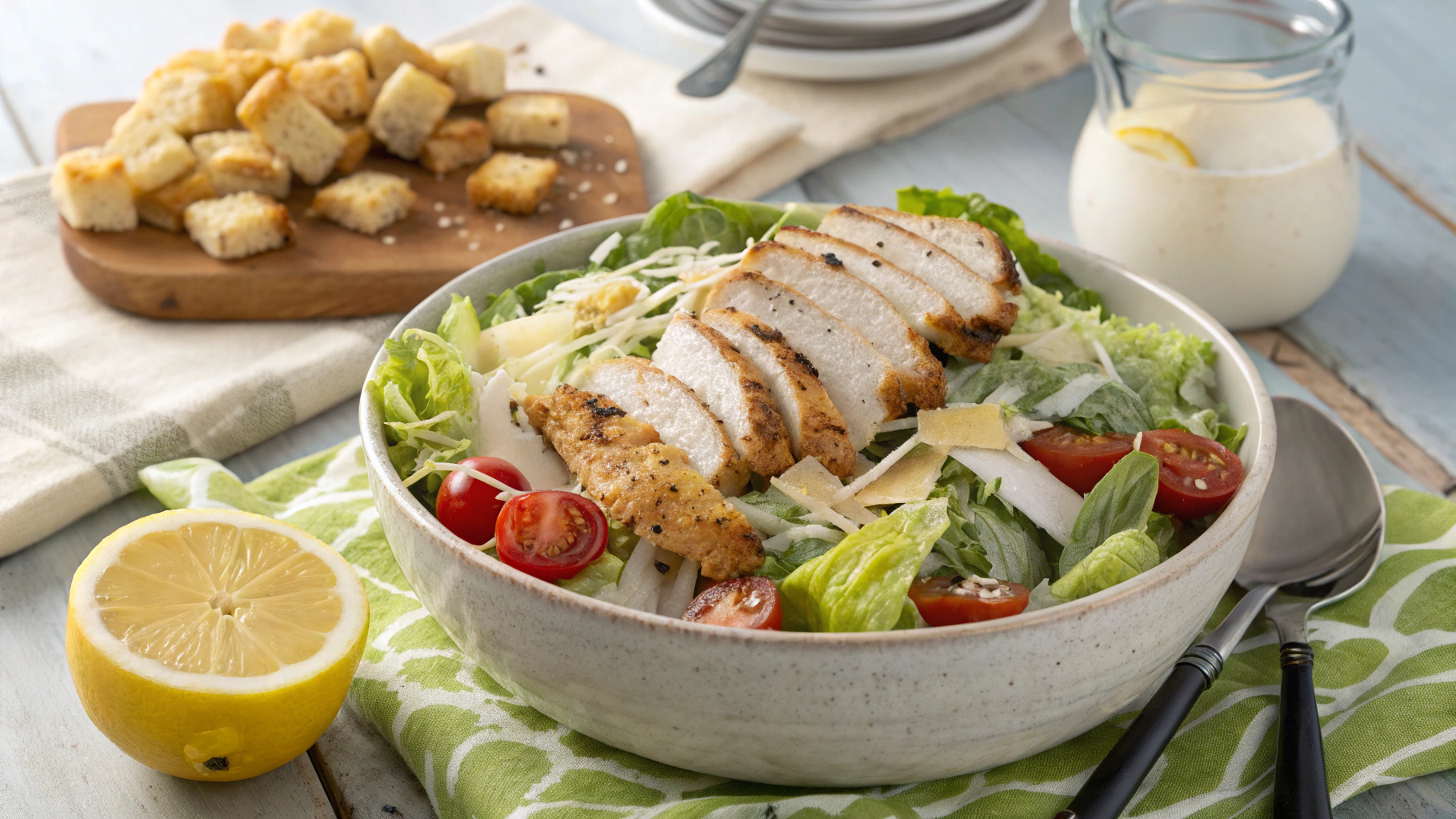 Large bowl of chicken Caesar salad with grilled chicken, lettuce, Parmesan, tomatoes, and croutons.
