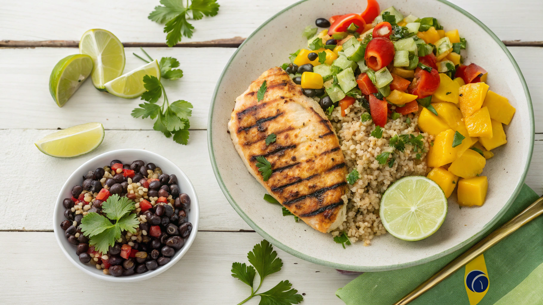 Grilled chicken and colorful quinoa salad on a plate with lime wedges and cilantro garnish.