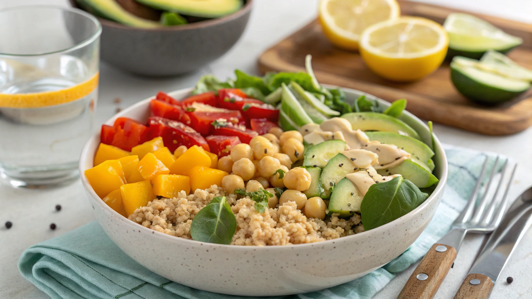 Colorful quinoa salad with vegetables and avocado in a bowl with lemon dressing.