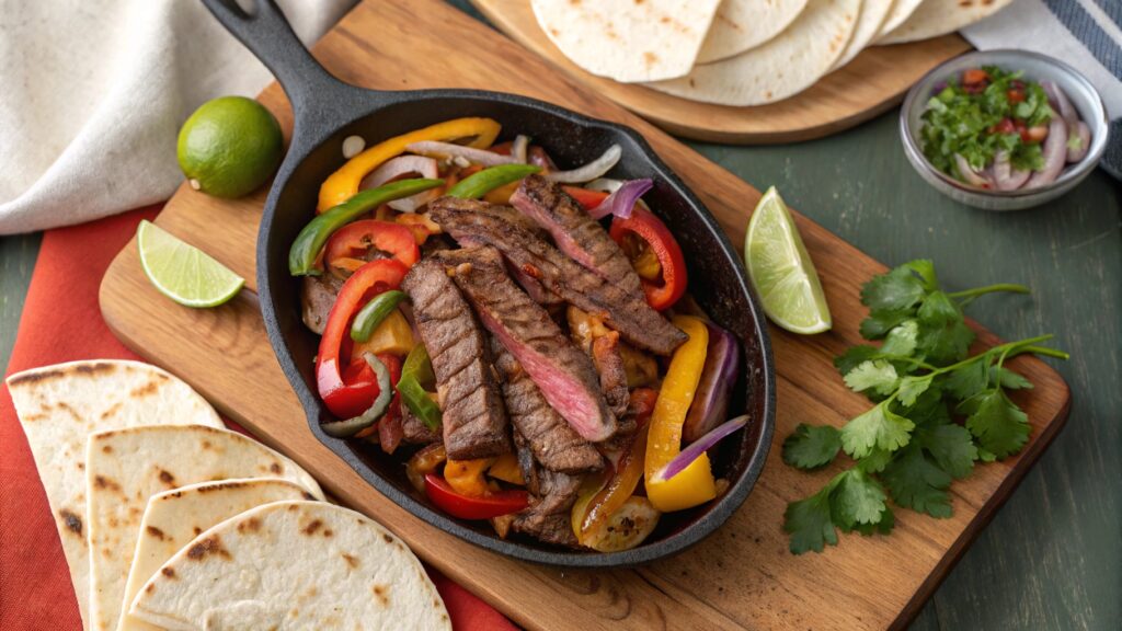 Fajita Asada on a skillet with grilled steak, peppers, and onions.