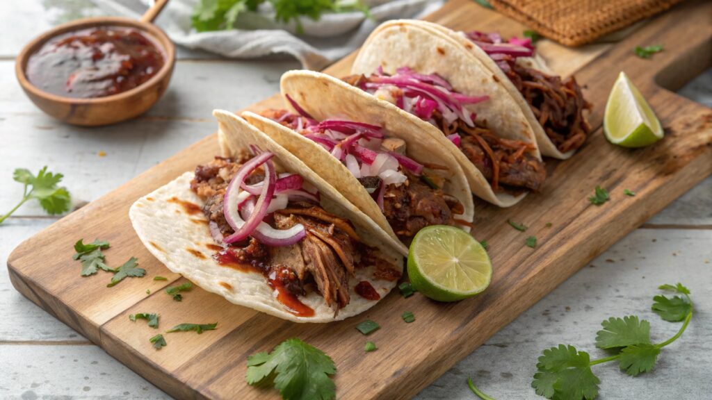 Barbecue Tacos with slaw, pickled onions, and BBQ sauce on a wooden board.