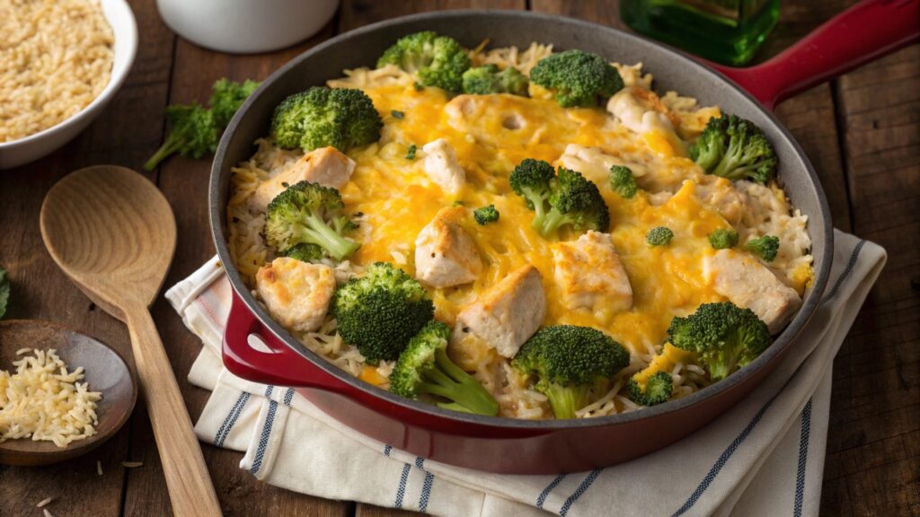 Cheesy Chicken with Broccoli and Rice in a skillet with melted cheese and herbs.