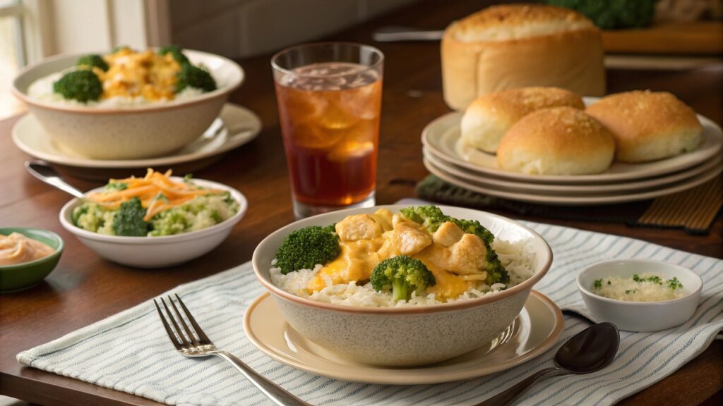 Cheesy Chicken with Broccoli and Rice served in bowls with salad and bread.