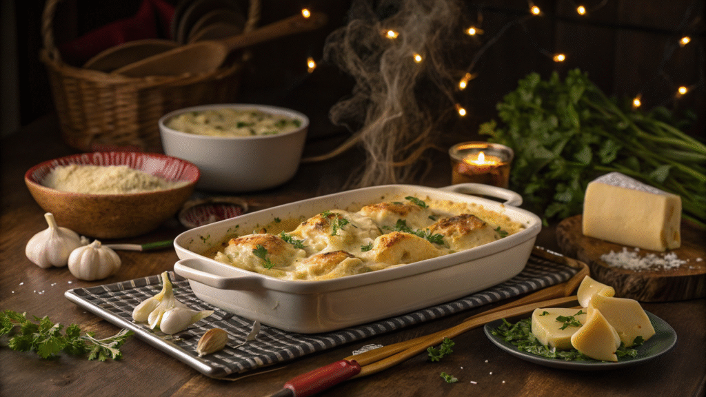 Golden stuffed shells in a baking dish with garlic, Parmesan, and parsley around on a cozy table.