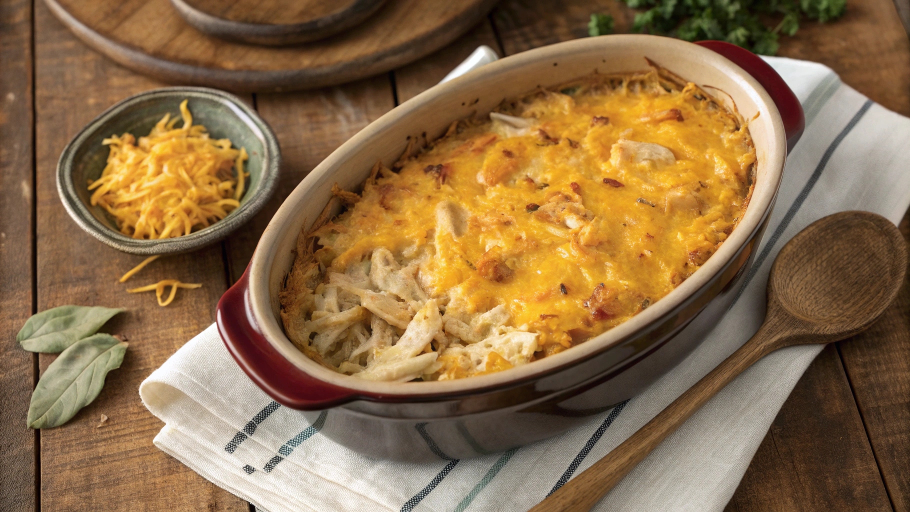 Chicken Hashbrown Casserole in a crockpot with golden cheese topping.
