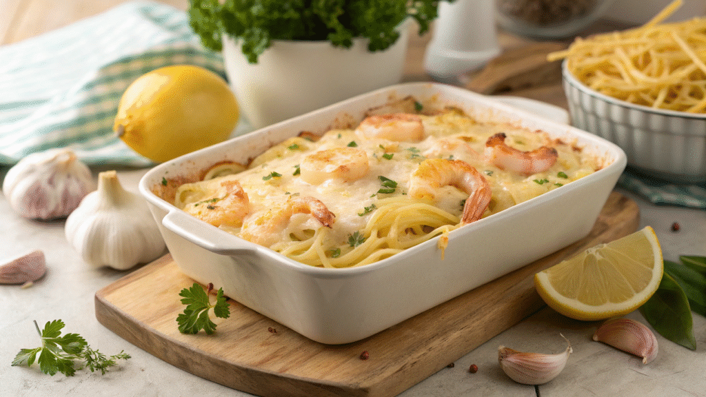 A cheesy shrimp pasta bake in a white casserole dish with parsley and lemon on the side.