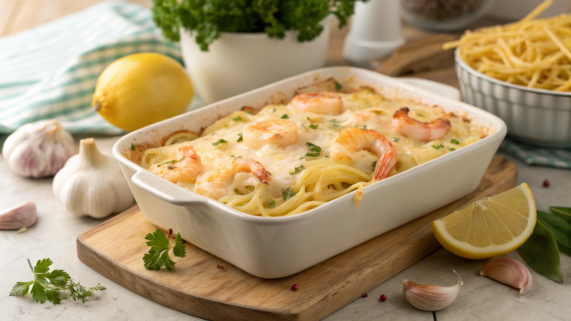 A cheesy shrimp pasta bake in a white casserole dish with parsley and lemon on the side.