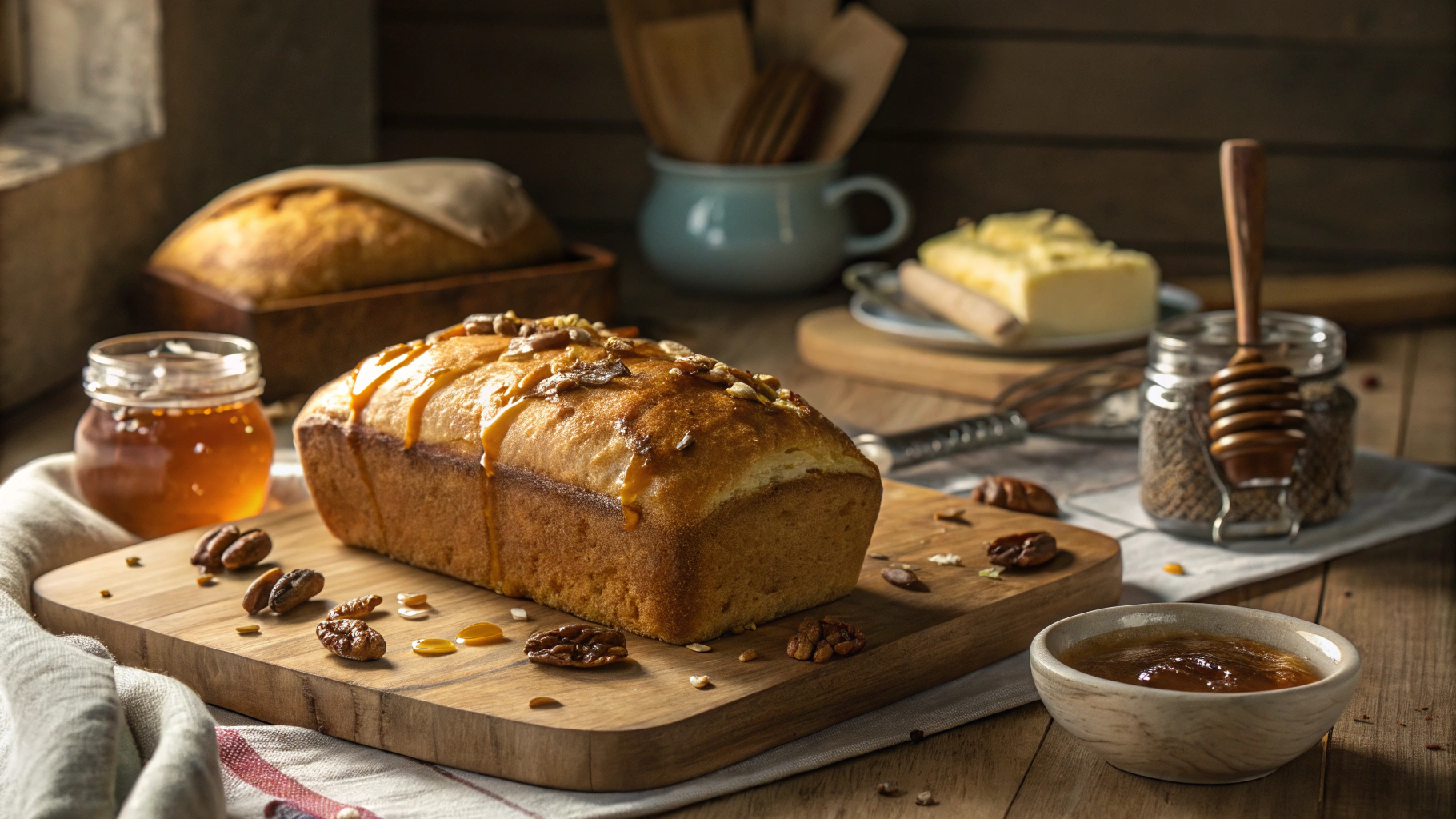 Fresh loaf of pecanbread drizzled with honey butter on a wooden cutting board with scattered pecans.