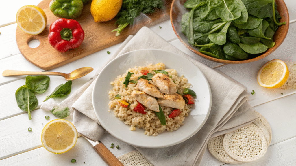 Clean kitchen counter with chicken and brown rice plate and fresh veggies around it.