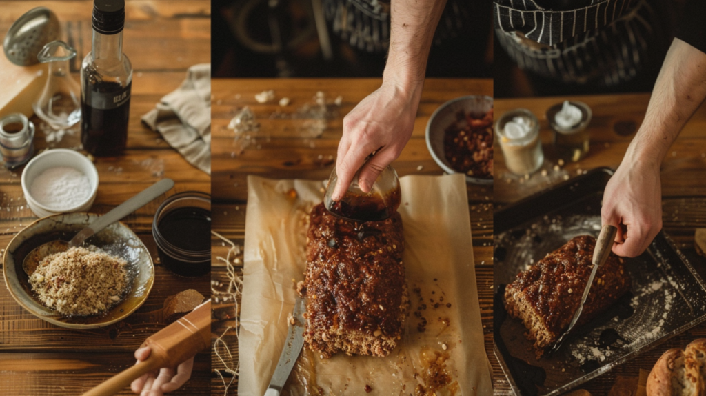 Step-by-step preparation of Hello Fresh balsamic meatloaf with hands in action.