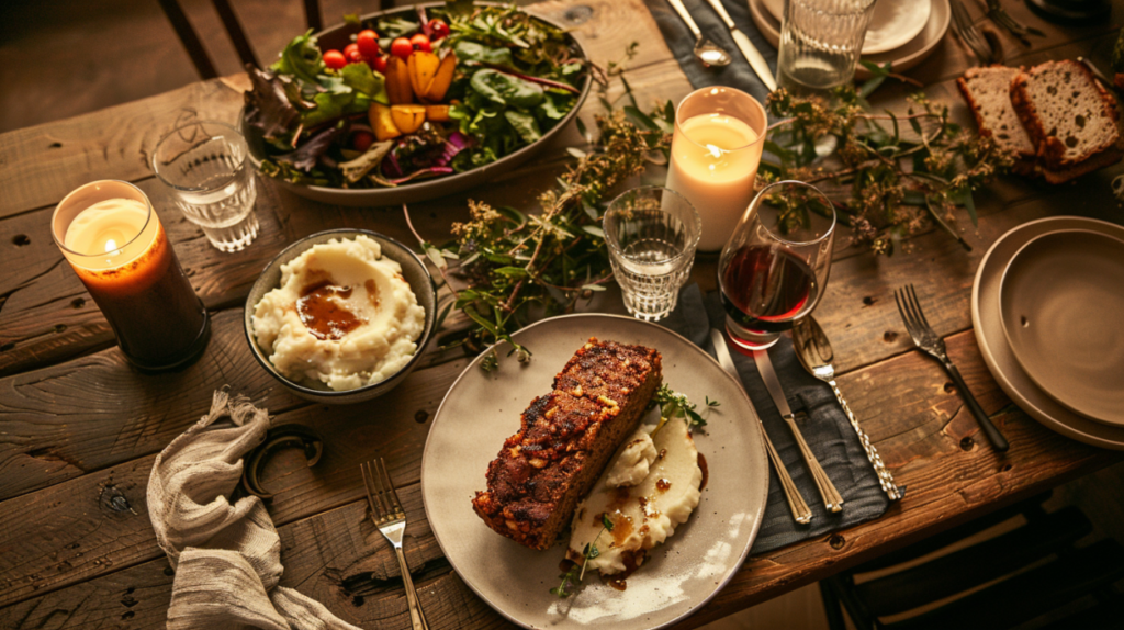 Plated balsamic meatloaf served with sides on a dressed dinner table.