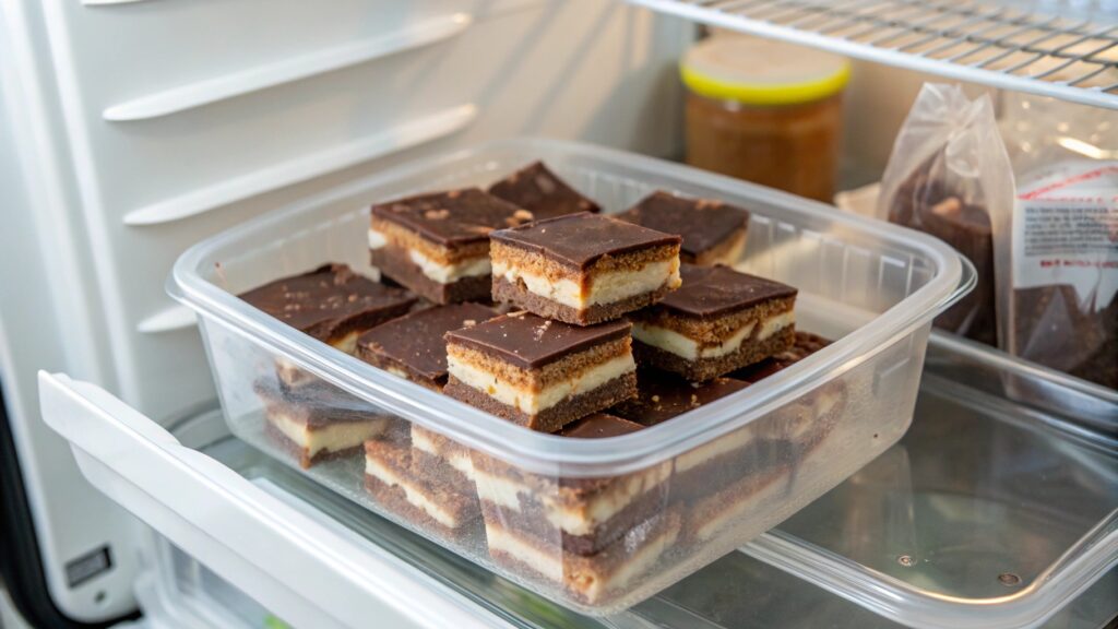 Stored chocolate mix candy in a sealed container inside the fridge.
