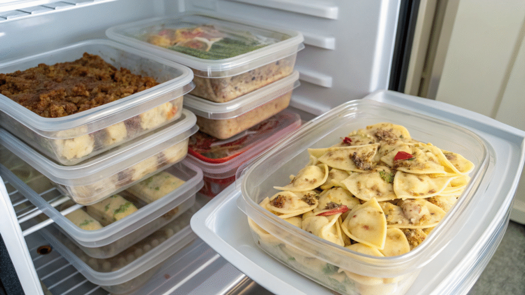 Stored Cheesesteak Tortellini in airtight containers in a fridge and freezer for later use.