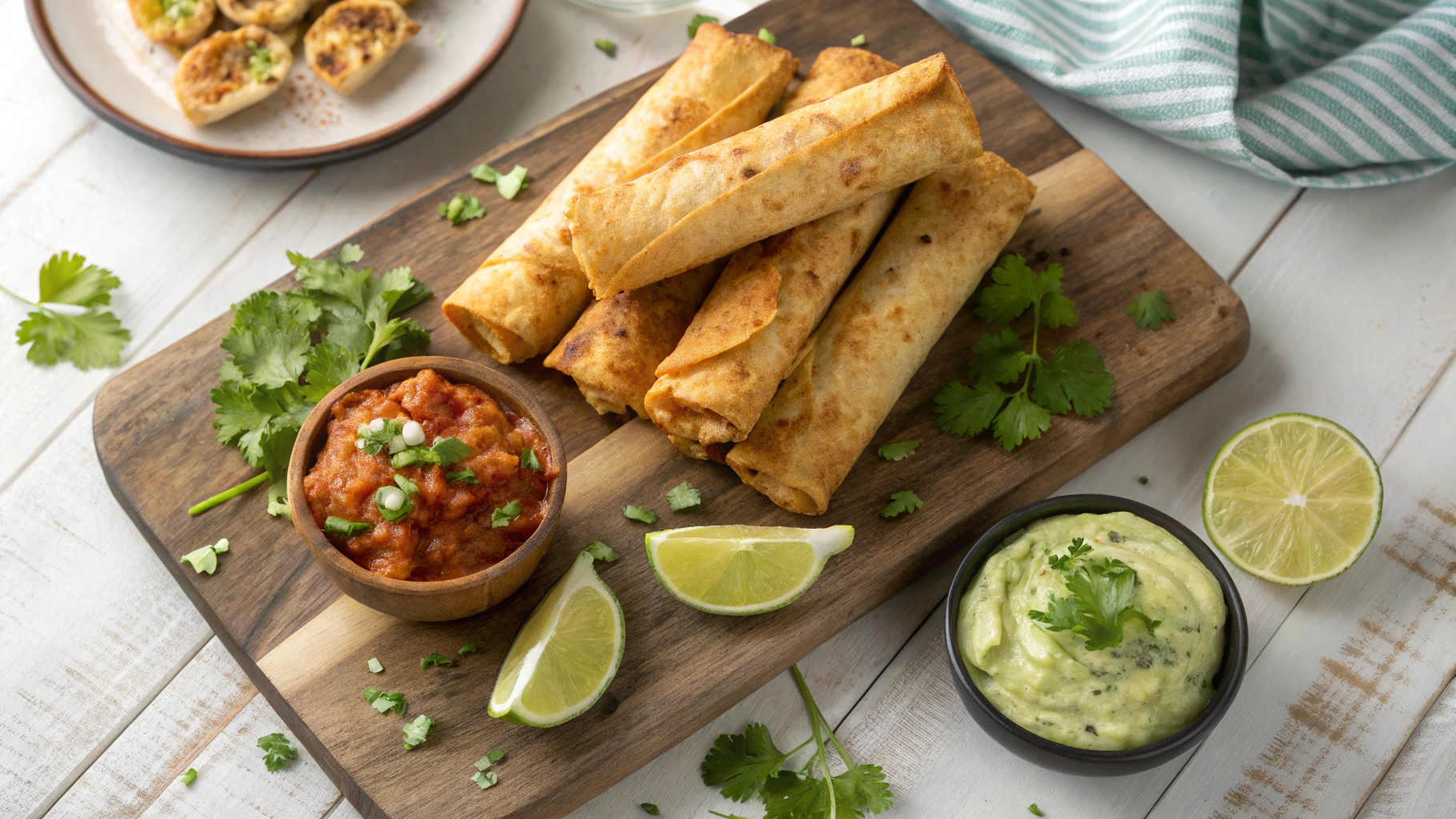 Golden cream cheese chicken taquitos served with salsa, guacamole, lime, and cilantro.