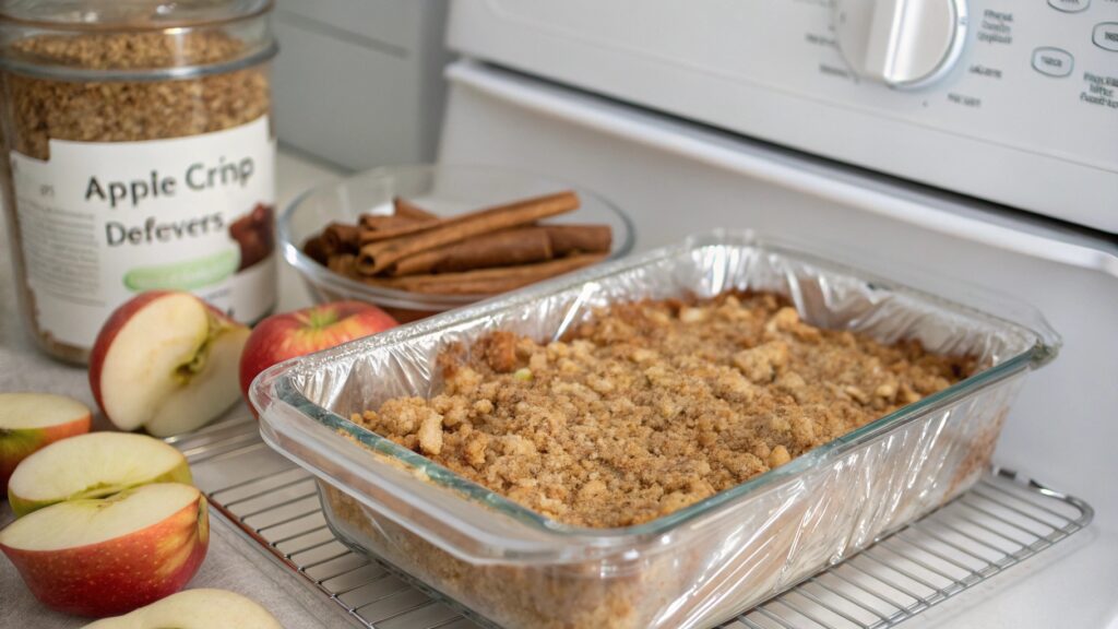 Stored Old Fashioned Apple Crisp in the fridge with a foil cover.