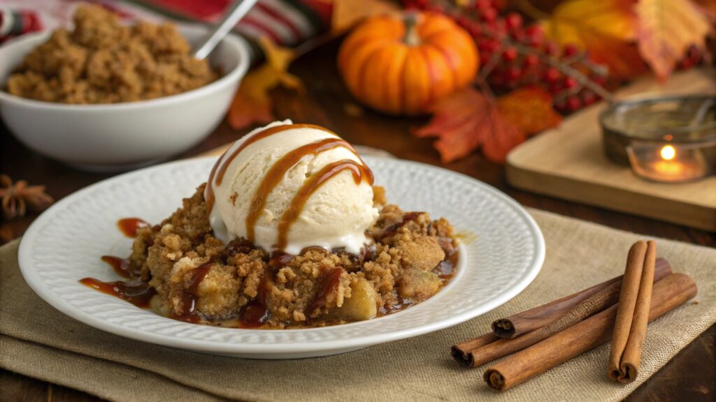 Old Fashioned Apple Crisp plated with ice cream and caramel drizzle.