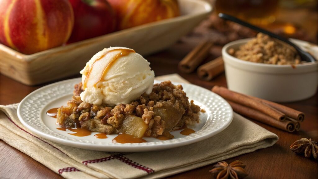 Old Fashioned Apple Crisp in a baking dish with oat topping and cinnamon.