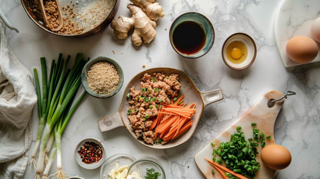 Top view of raw ingredients including chicken, ginger, garlic, soy sauce, and vegetables.